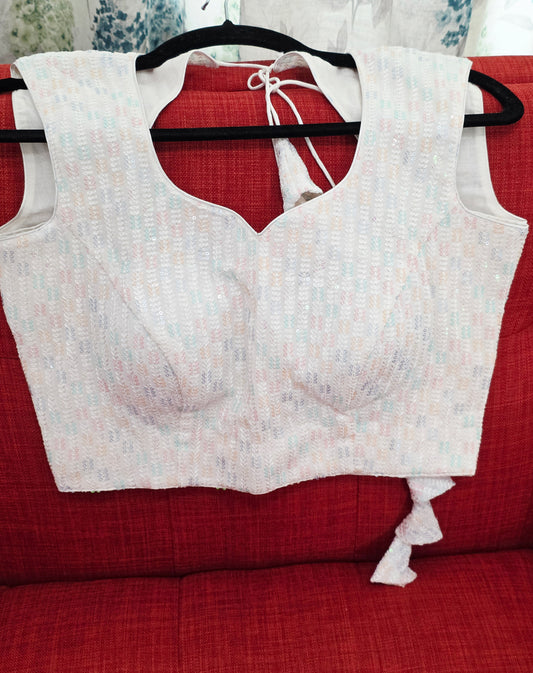 Off White Sequin Embroidered Sleeveless Blouse