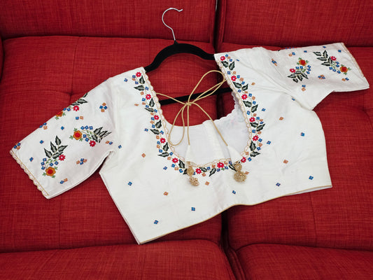 Off White Raw Silk Maggam Hand Embroidery Floral Blouse