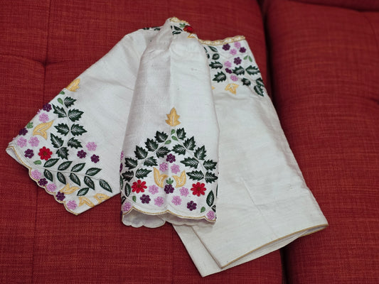 Off White Raw Silk Maggam Hand Embroidery Floral Blouse