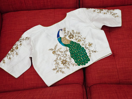 Off White Raw Silk Maggam Hand Embroidery Peacock Blouse Size 38 Extends To 44