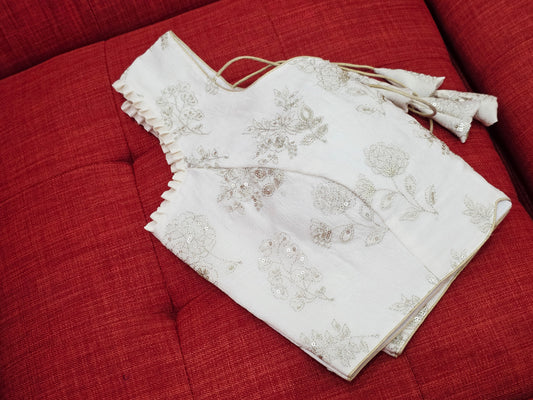 Off White Crush Fabric Embroidered Sleeveless Padded Blouse