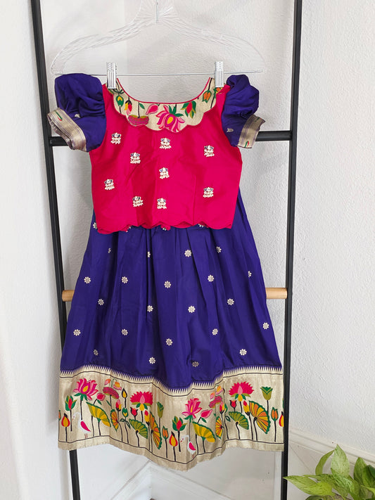 Paithani Style Soft Benarasi Lehenga Set for Girls (3–4 Years) – Pattu Pavadai with Blouse