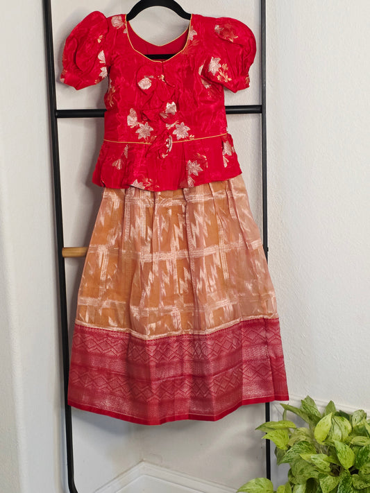 Soft Organza Peach & Red Lehenga Set for Girls/Pattu Pavadai with Blouse (4–5 Years)
