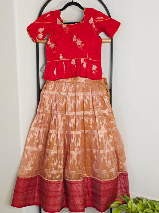 Soft Organza Peach & Red Lehenga Set for Girls/Pattu Pavadai with Blouse (9–10 Years)
