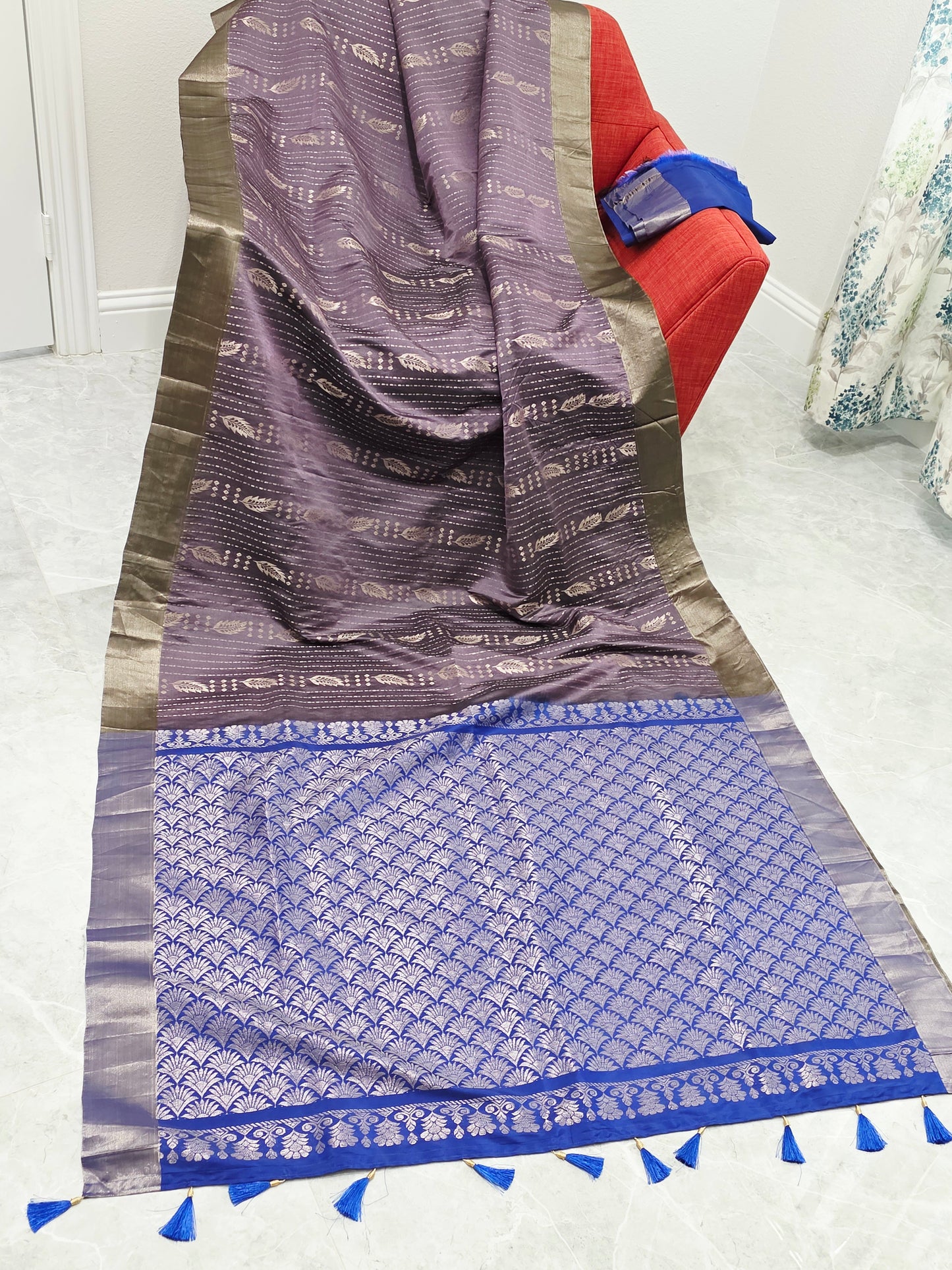 Lavender & Royal Blue Semi Kanchi Soft Silk Saree with Zari Pallu
