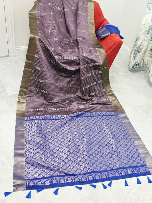 Lavender & Royal Blue Semi Kanchi Soft Silk Saree with Zari Pallu