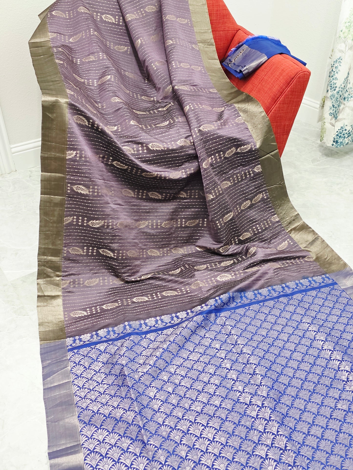 Lavender & Royal Blue Semi Kanchi Soft Silk Saree with Zari Pallu