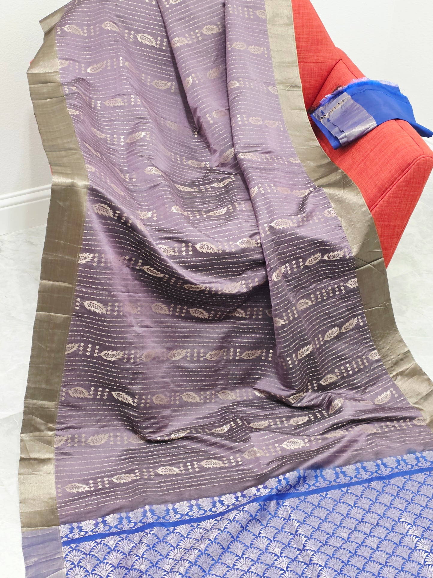Lavender & Royal Blue Semi Kanchi Soft Silk Saree with Zari Pallu