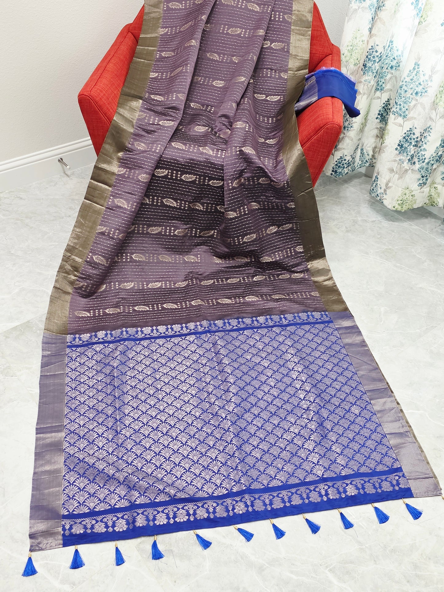 Lavender & Royal Blue Semi Kanchi Soft Silk Saree with Zari Pallu