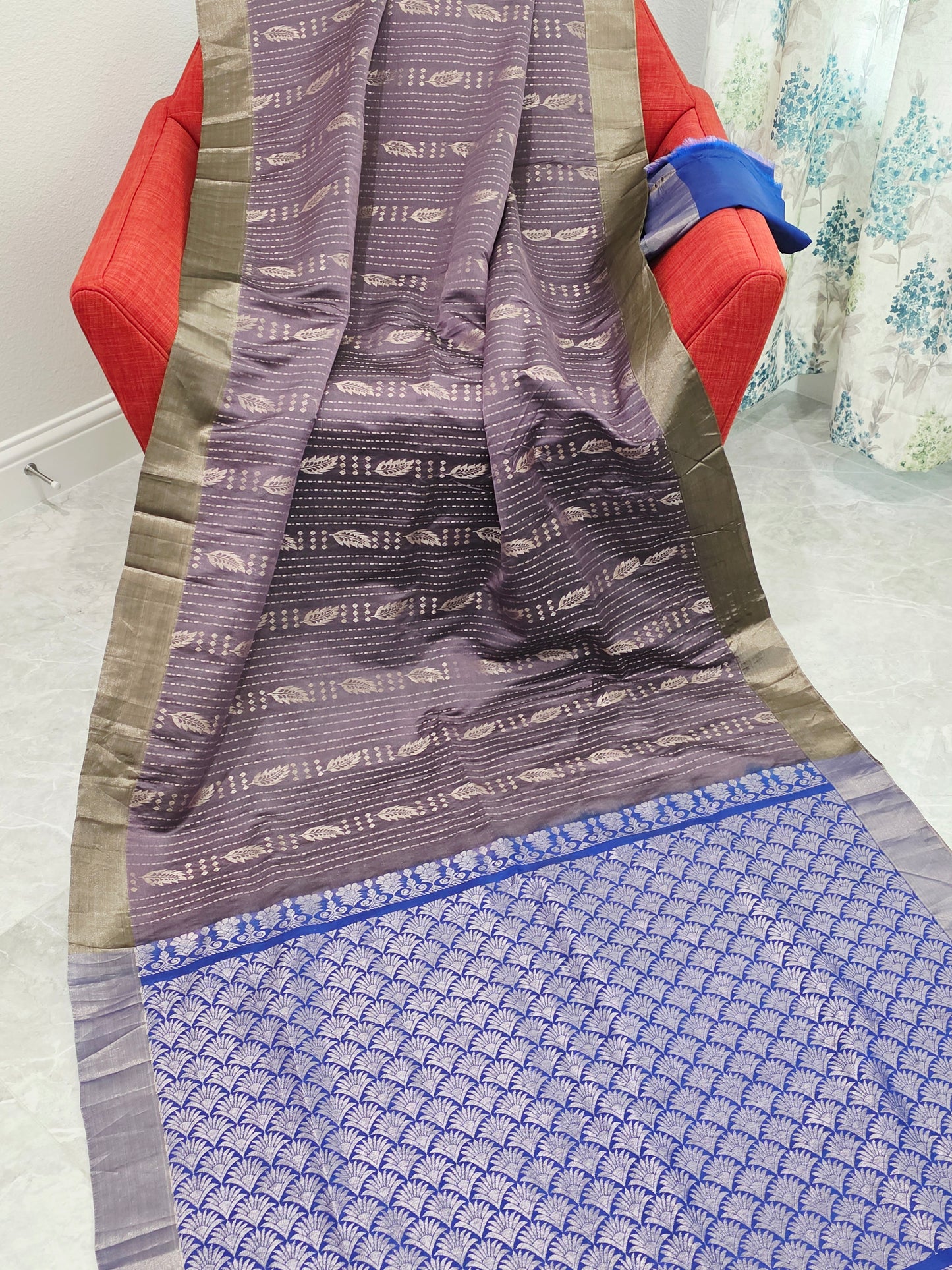 Lavender & Royal Blue Semi Kanchi Soft Silk Saree with Zari Pallu