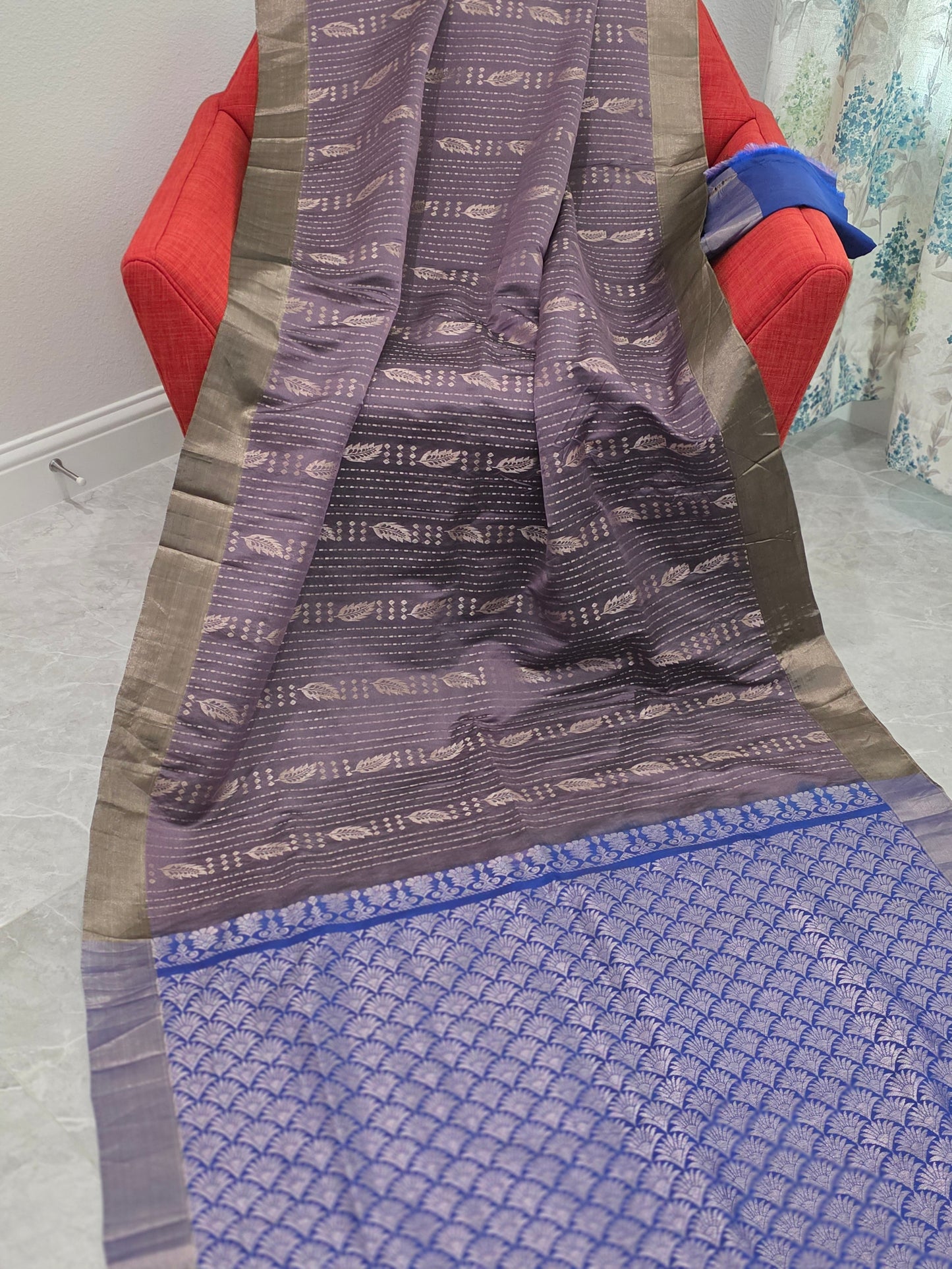 Lavender & Royal Blue Semi Kanchi Soft Silk Saree with Zari Pallu