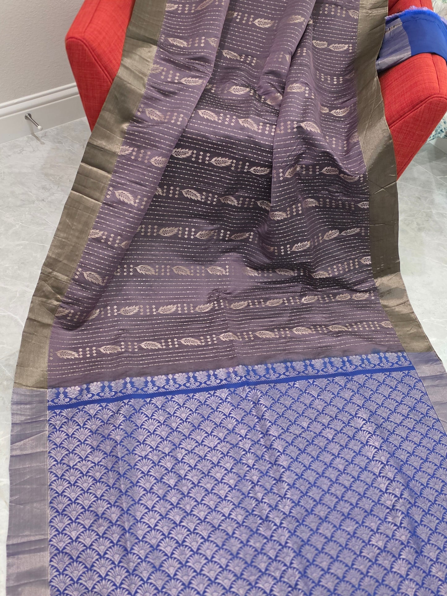 Lavender & Royal Blue Semi Kanchi Soft Silk Saree with Zari Pallu