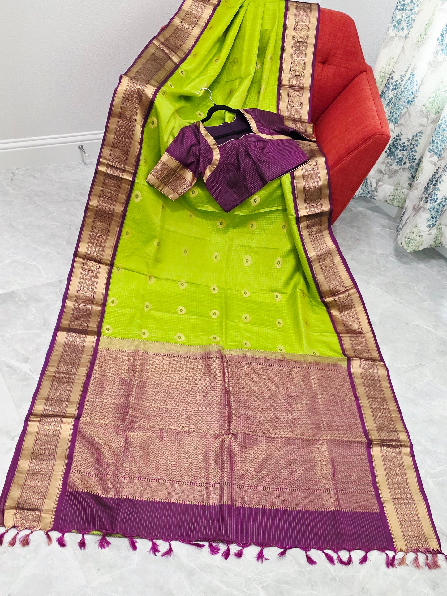 Pure Kanchi Soft Silk Parrot Green Saree with Purple Zari Border & Stitched Blouse