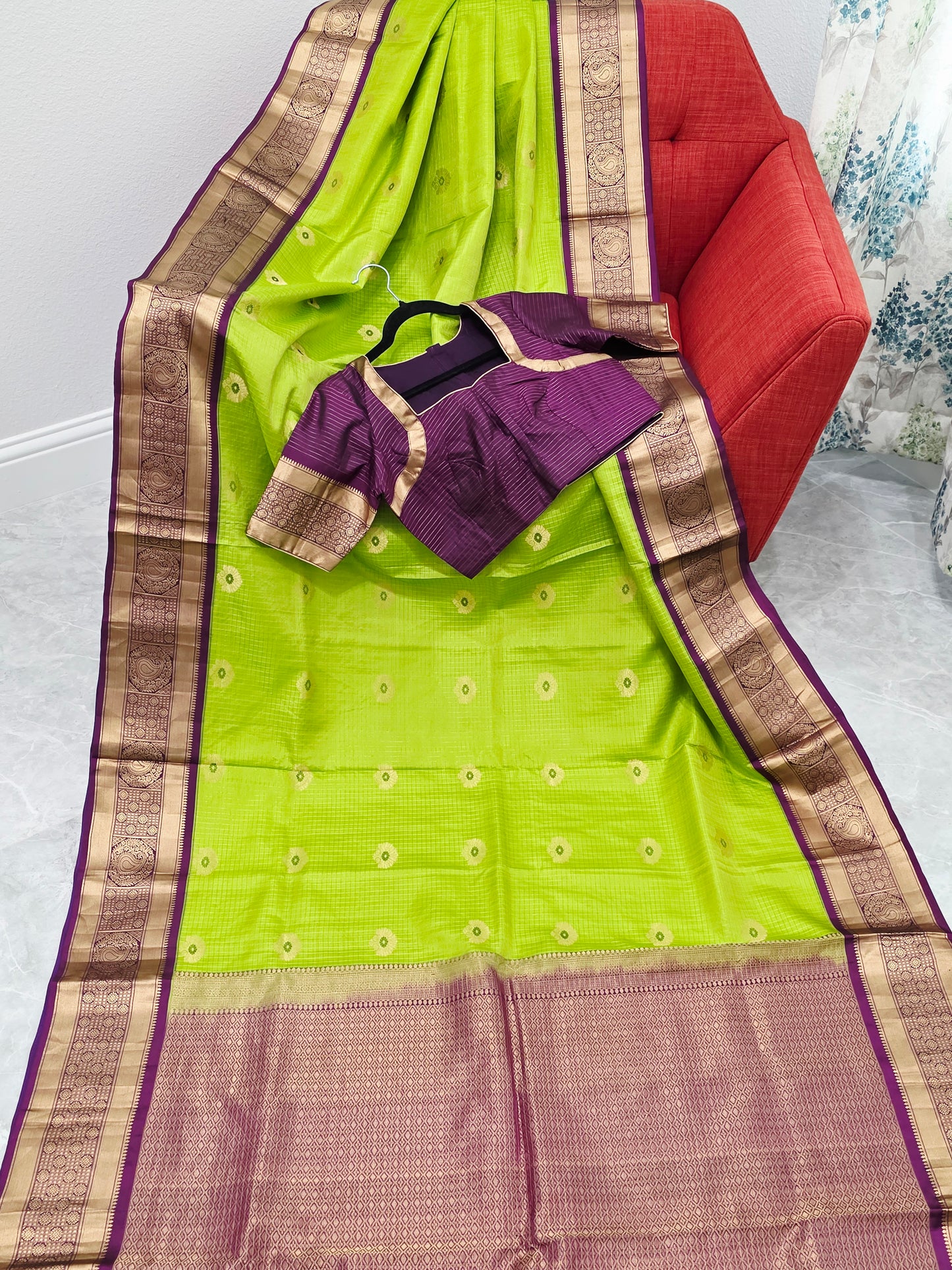 Pure Kanchi Soft Silk Parrot Green Saree with Purple Zari Border & Stitched Blouse