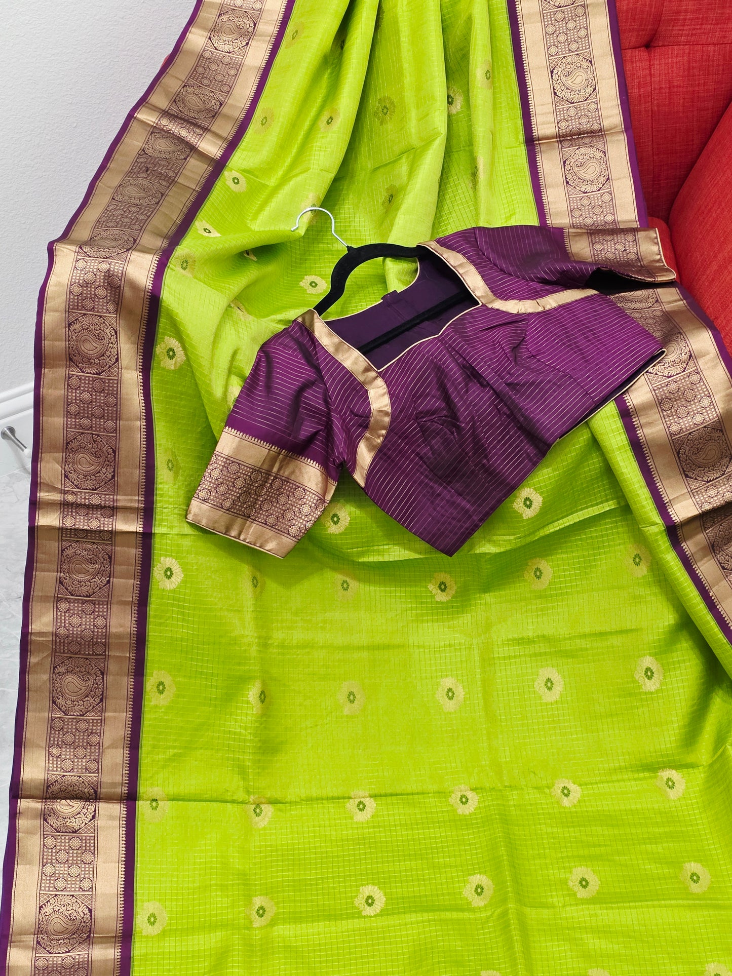 Pure Kanchi Soft Silk Parrot Green Saree with Purple Zari Border & Stitched Blouse