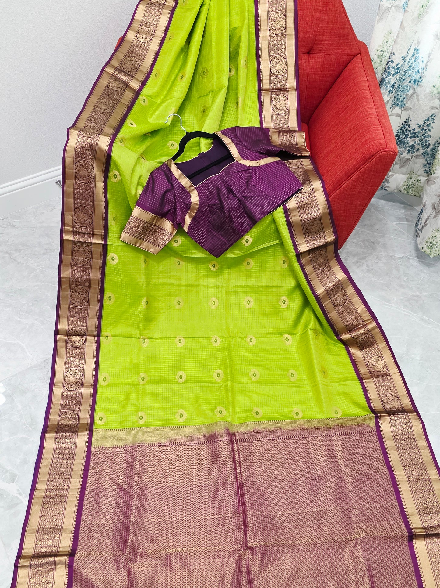 Pure Kanchi Soft Silk Parrot Green Saree with Purple Zari Border & Stitched Blouse