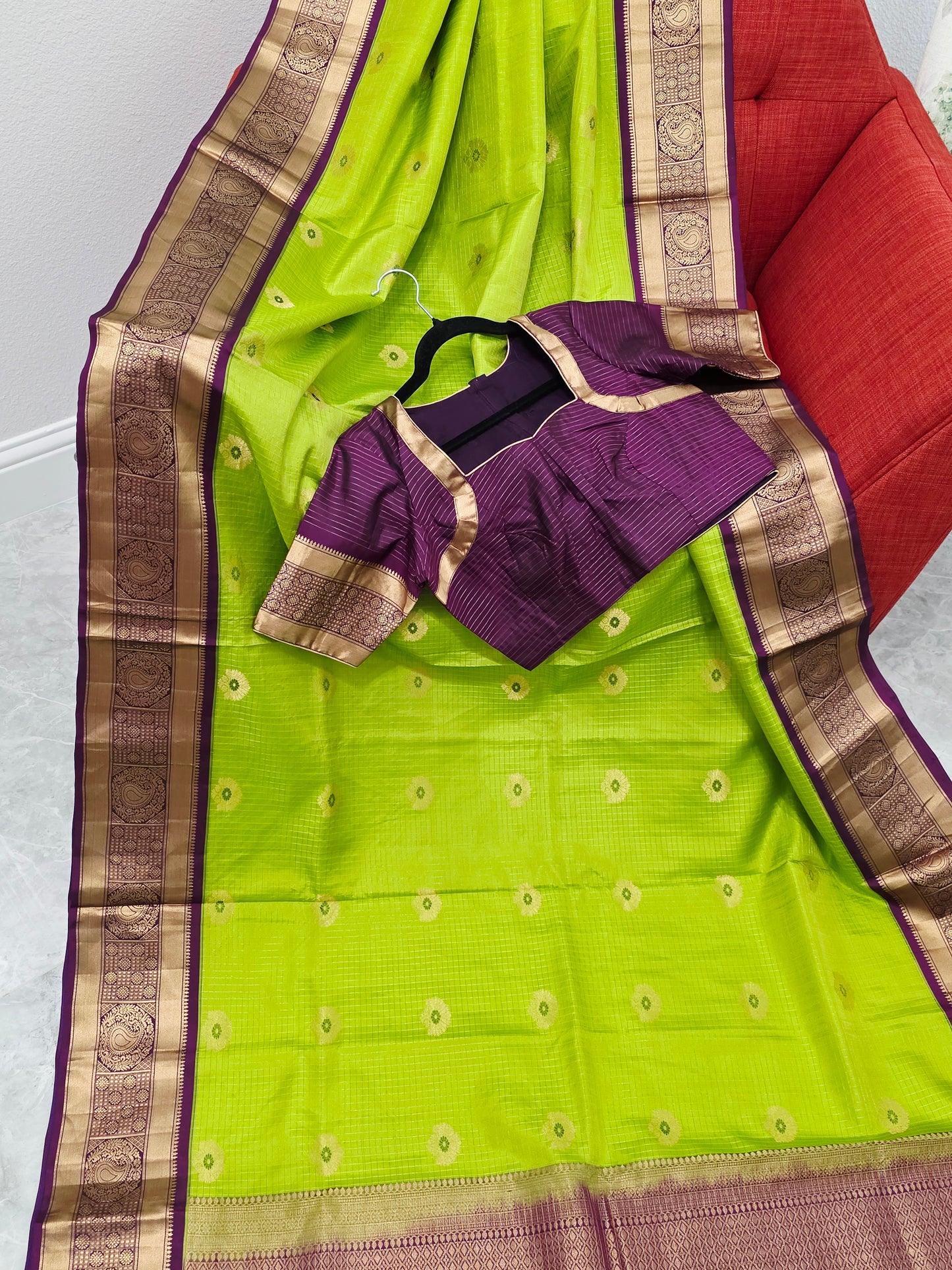 Pure Kanchi Soft Silk Parrot Green Saree with Purple Zari Border & Stitched Blouse