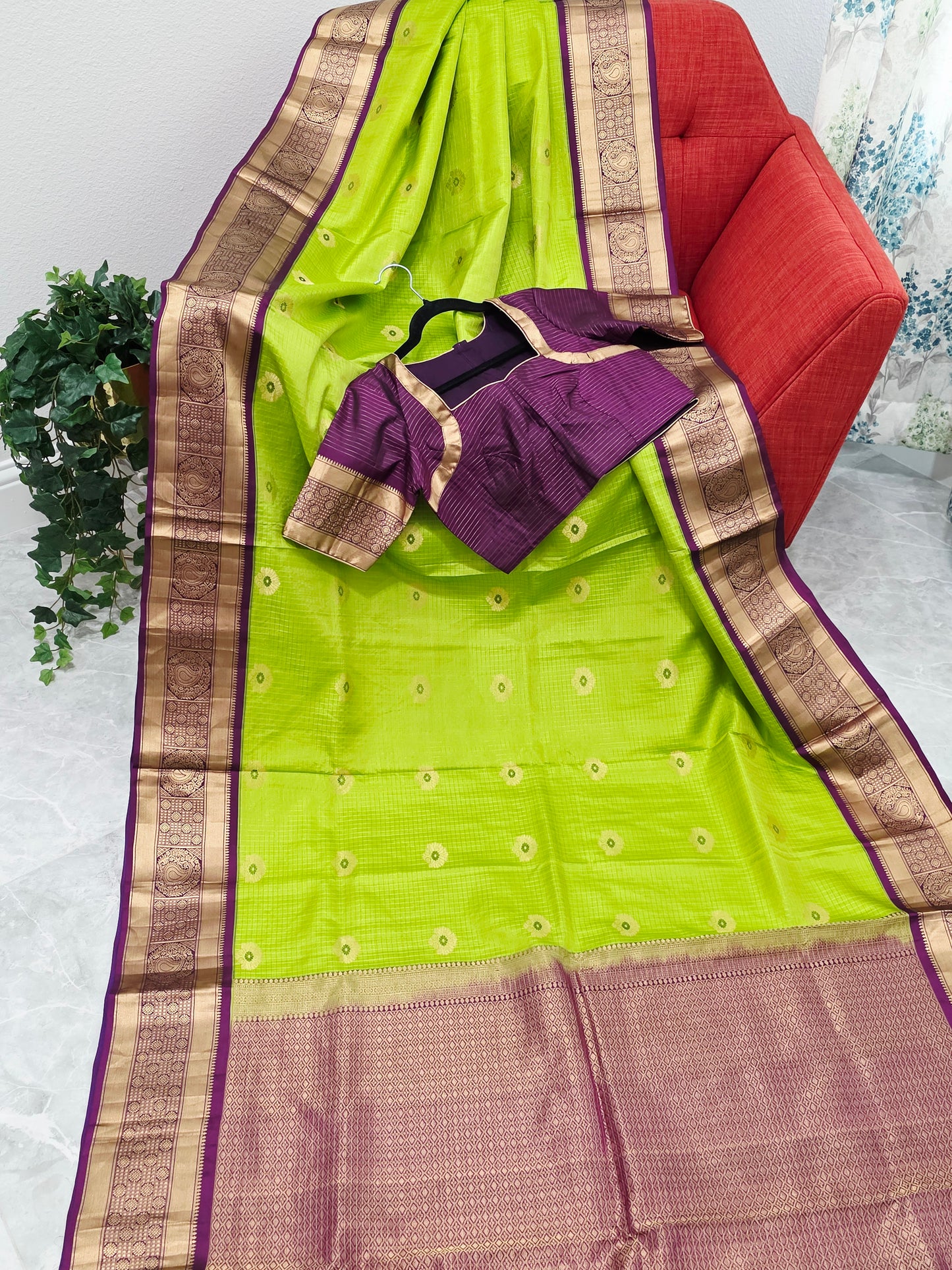 Pure Kanchi Soft Silk Parrot Green Saree with Purple Zari Border & Stitched Blouse