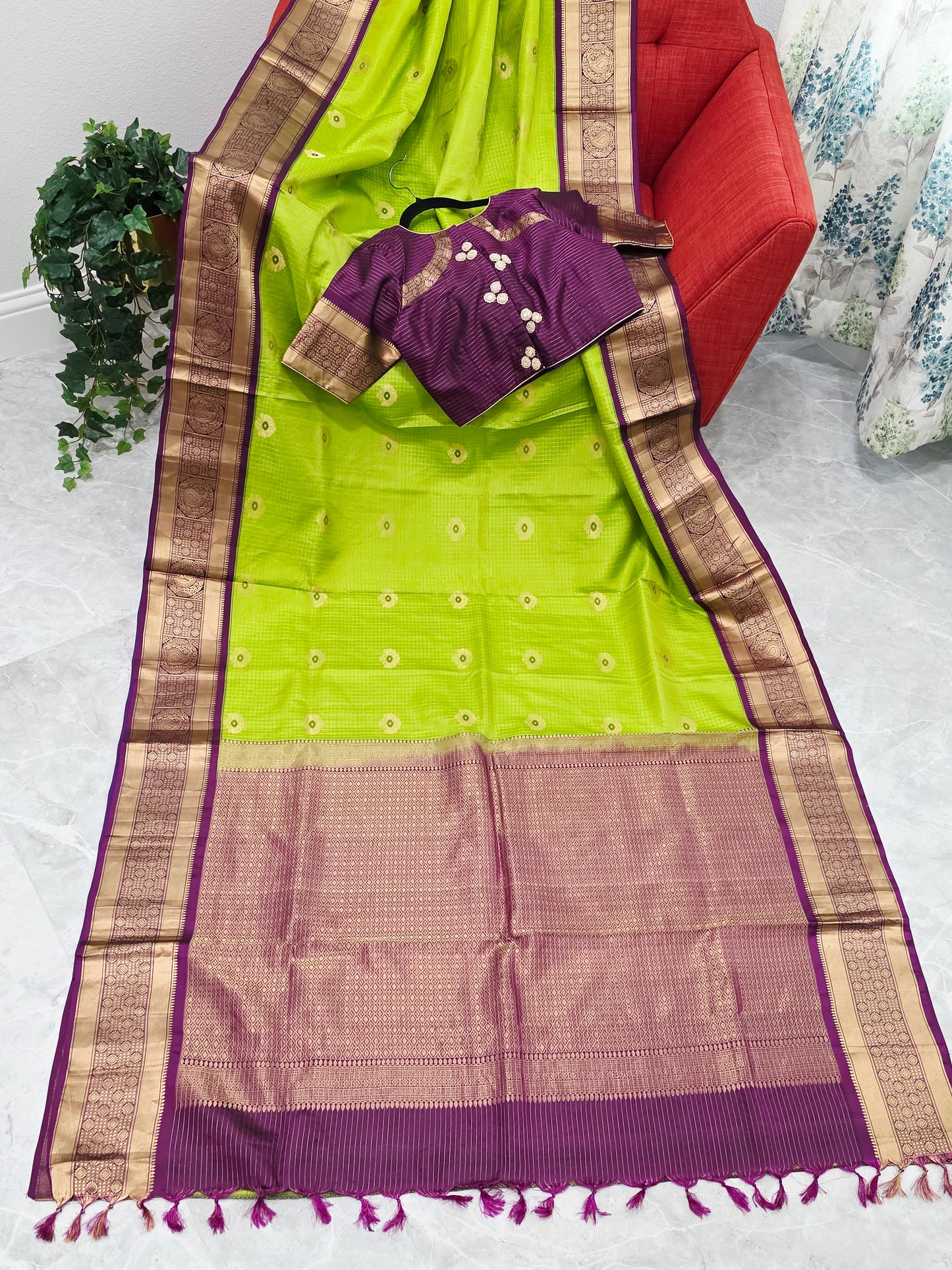 Pure Kanchi Soft Silk Parrot Green Saree with Purple Zari Border & Stitched Blouse