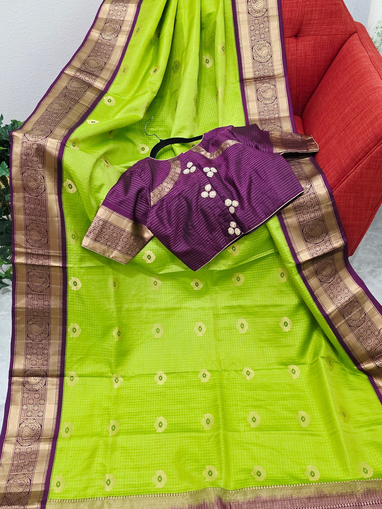 Pure Kanchi Soft Silk Parrot Green Saree with Purple Zari Border & Stitched Blouse