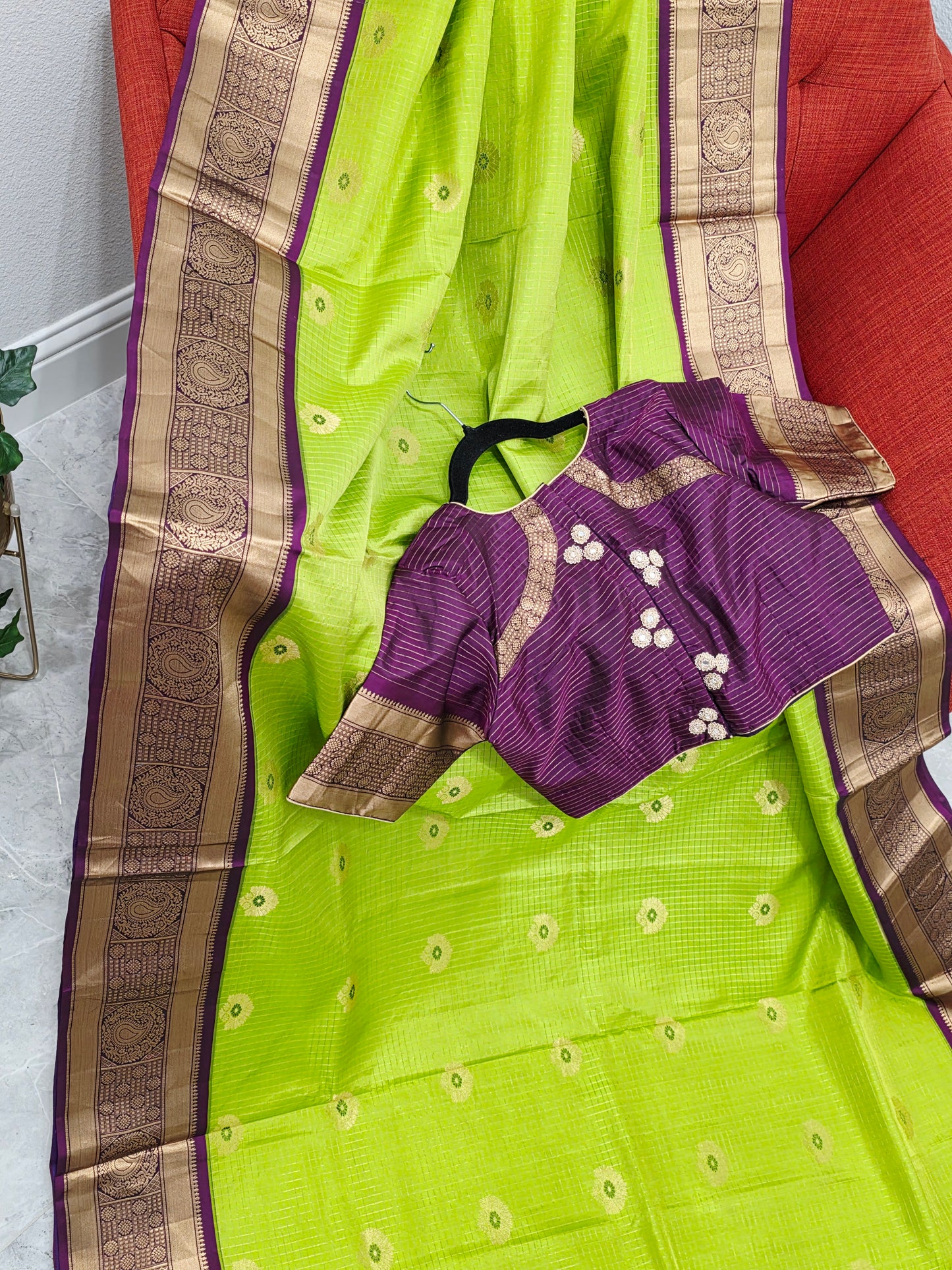 Pure Kanchi Soft Silk Parrot Green Saree with Purple Zari Border & Stitched Blouse