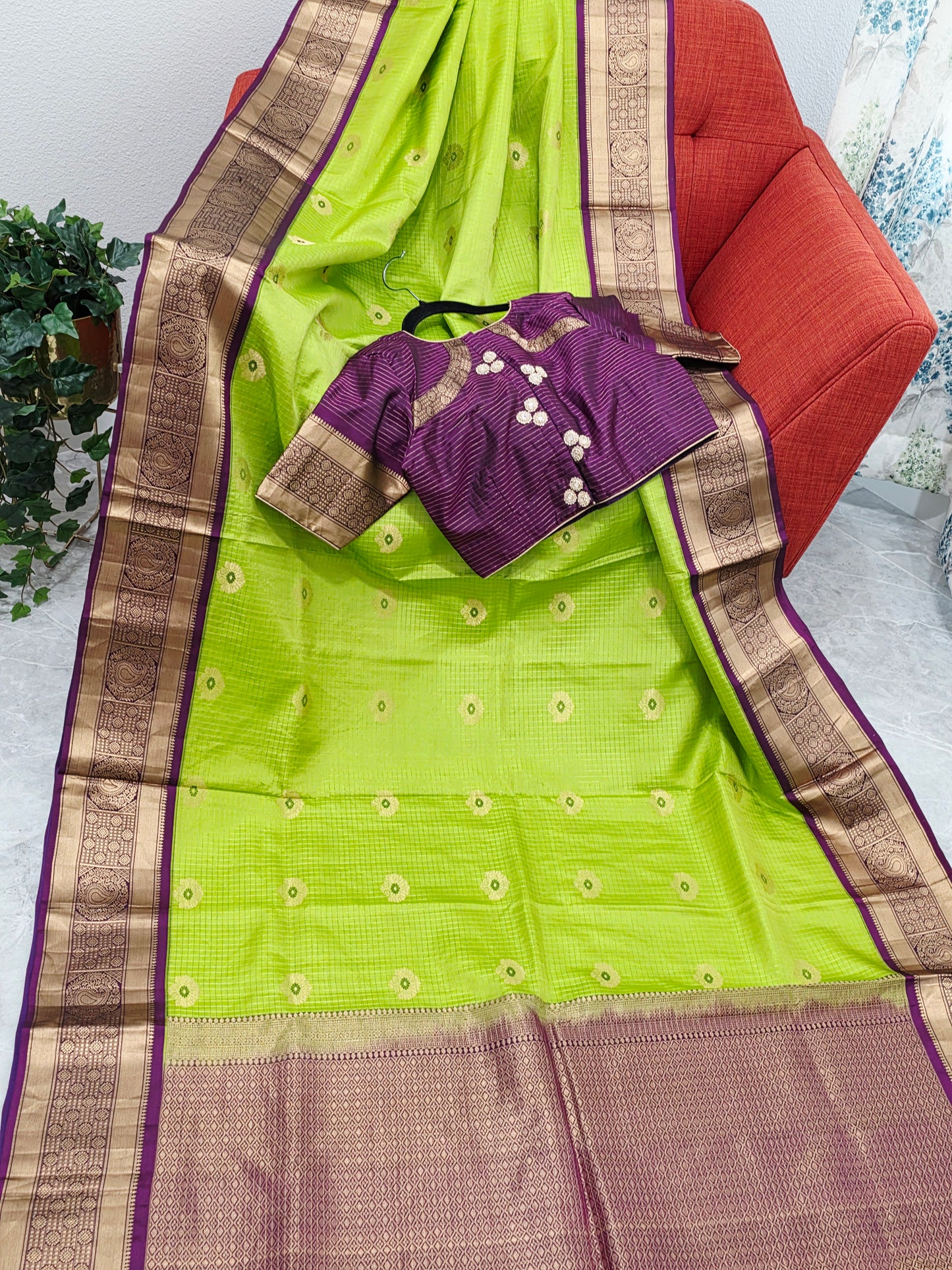Pure Kanchi Soft Silk Parrot Green Saree with Purple Zari Border & Stitched Blouse