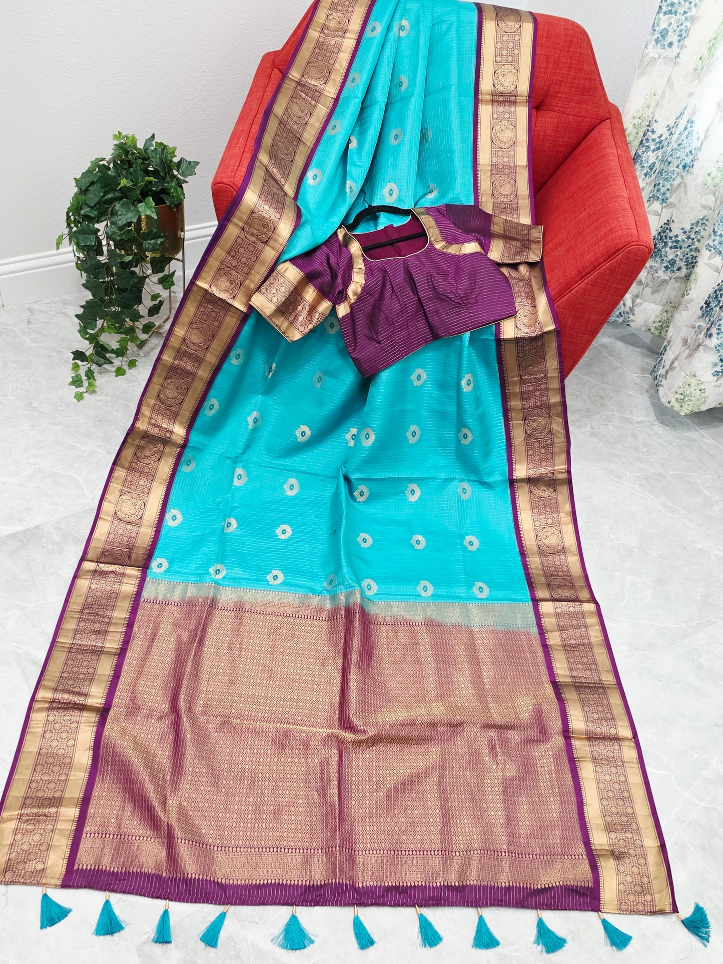 Pure Kanchi Soft Silk Turquoise Blue Saree with Purple Zari Border & Stitched Blouse
