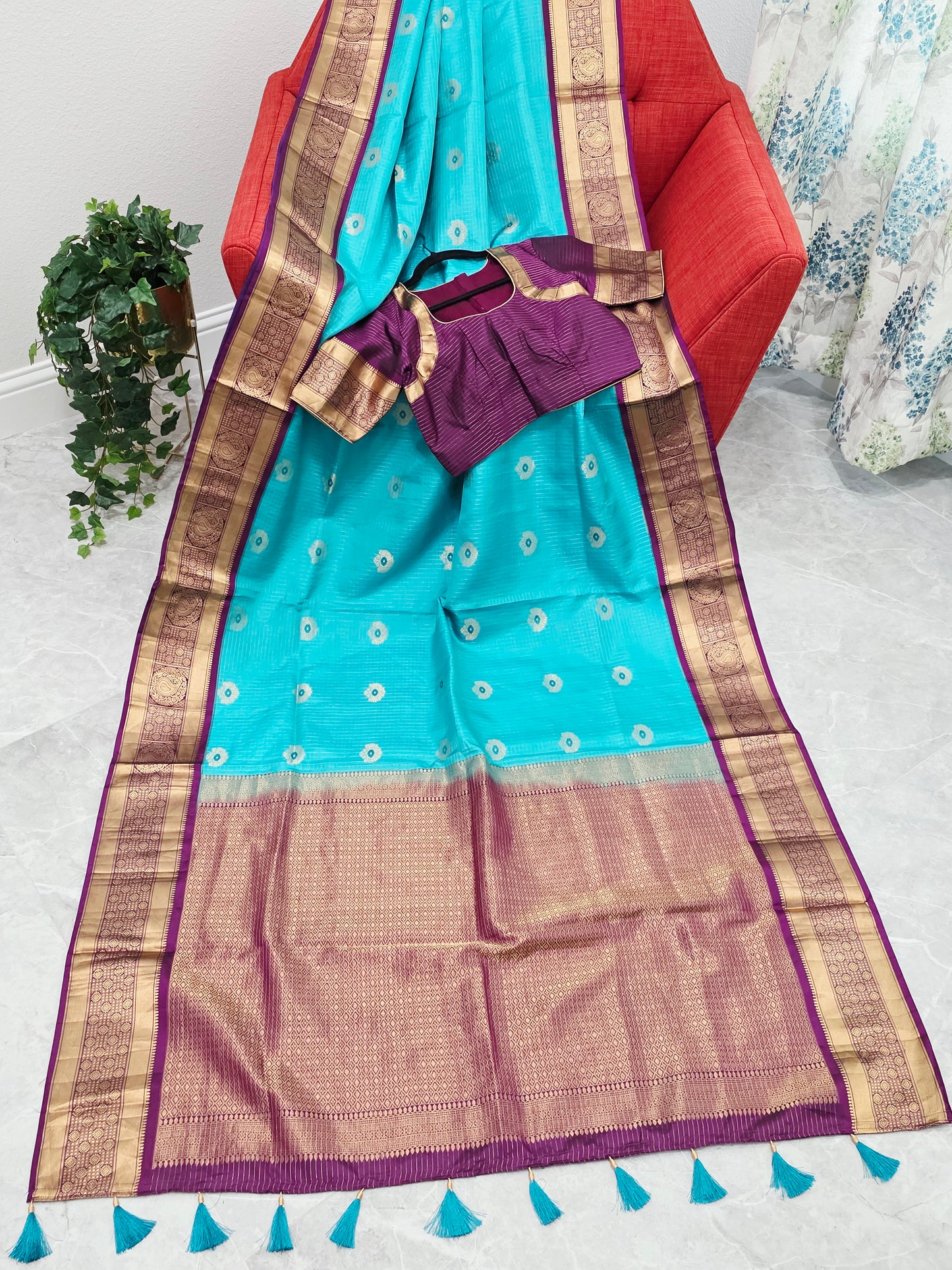 Pure Kanchi Soft Silk Turquoise Blue Saree with Purple Zari Border & Stitched Blouse