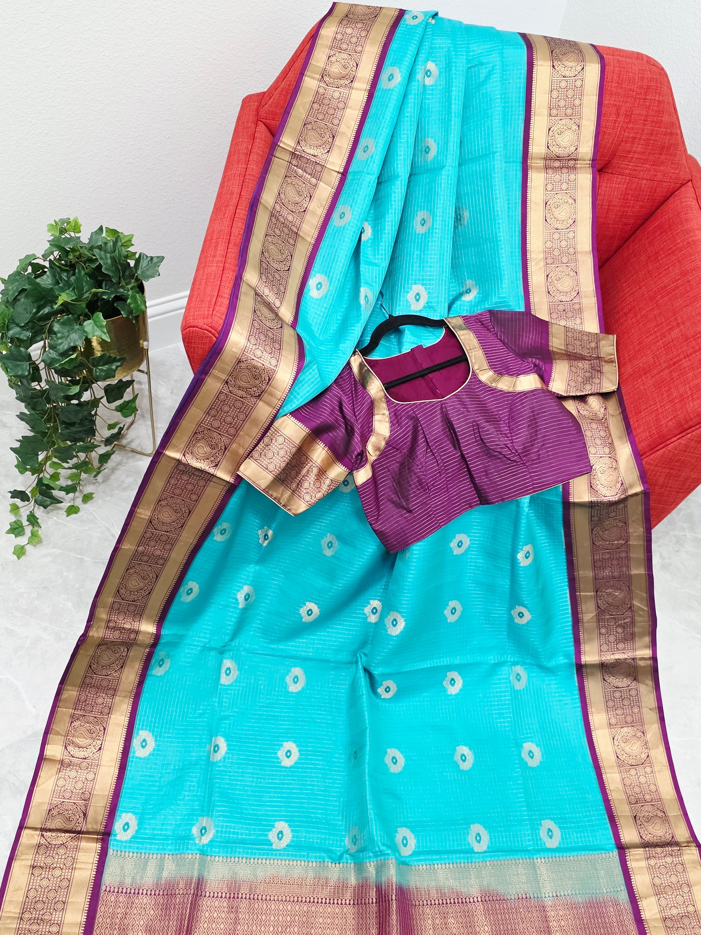 Pure Kanchi Soft Silk Turquoise Blue Saree with Purple Zari Border & Stitched Blouse