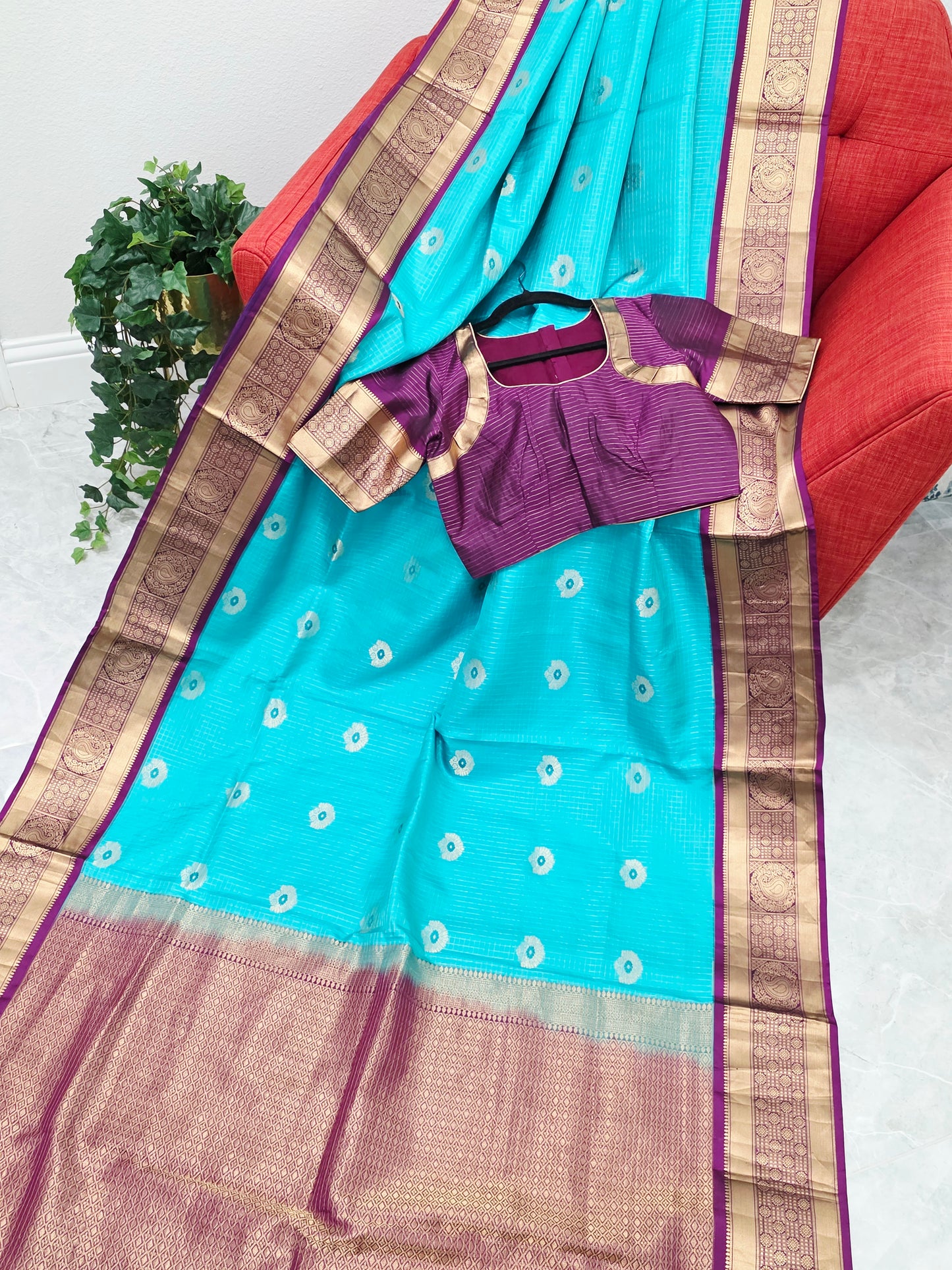 Pure Kanchi Soft Silk Turquoise Blue Saree with Purple Zari Border & Stitched Blouse