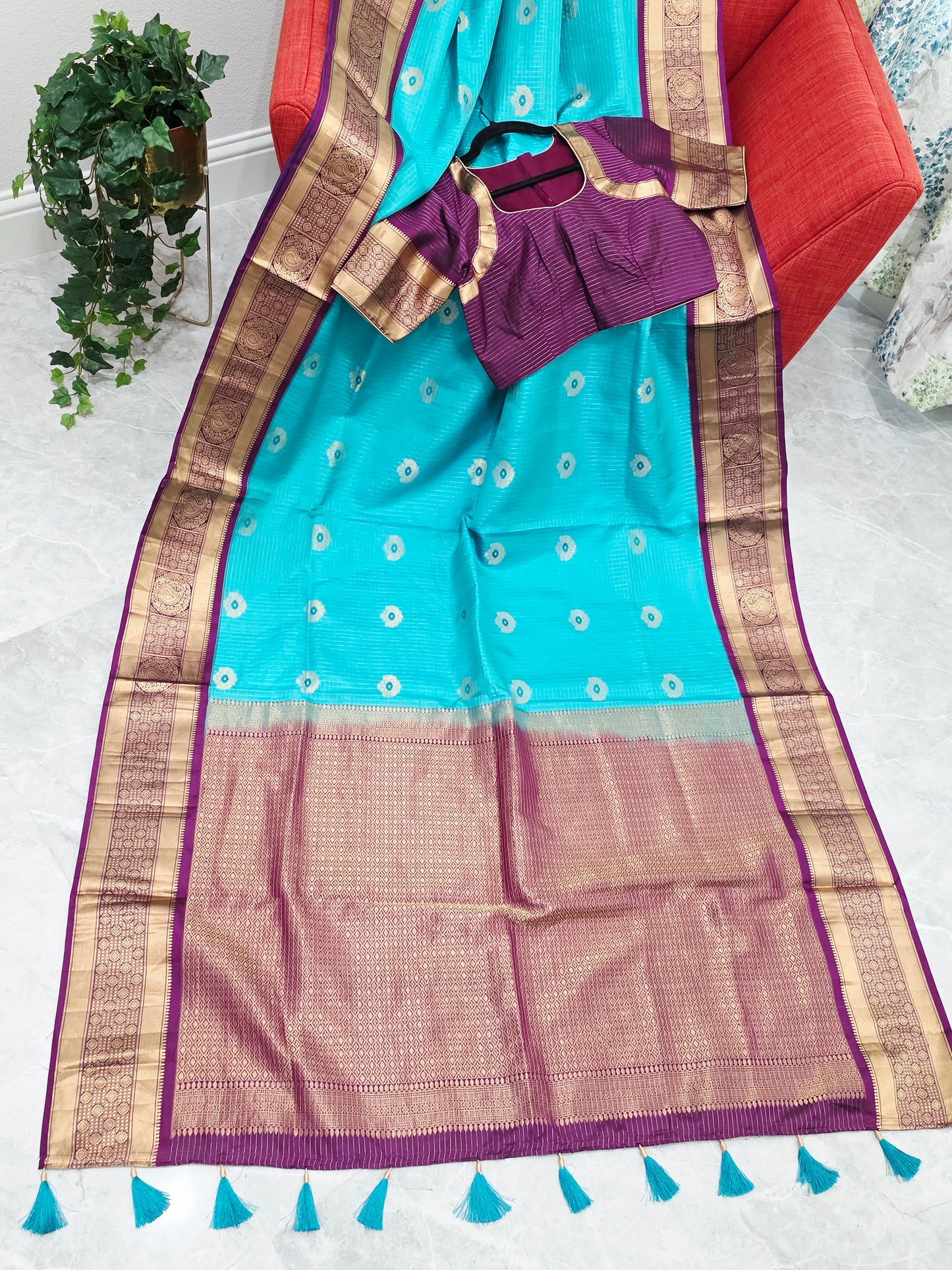 Pure Kanchi Soft Silk Turquoise Blue Saree with Purple Zari Border & Stitched Blouse