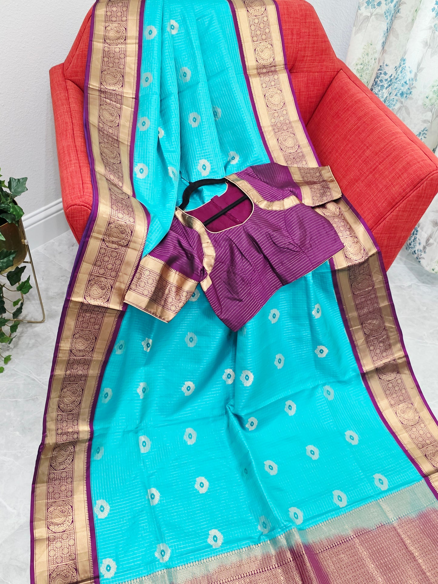 Pure Kanchi Soft Silk Turquoise Blue Saree with Purple Zari Border & Stitched Blouse