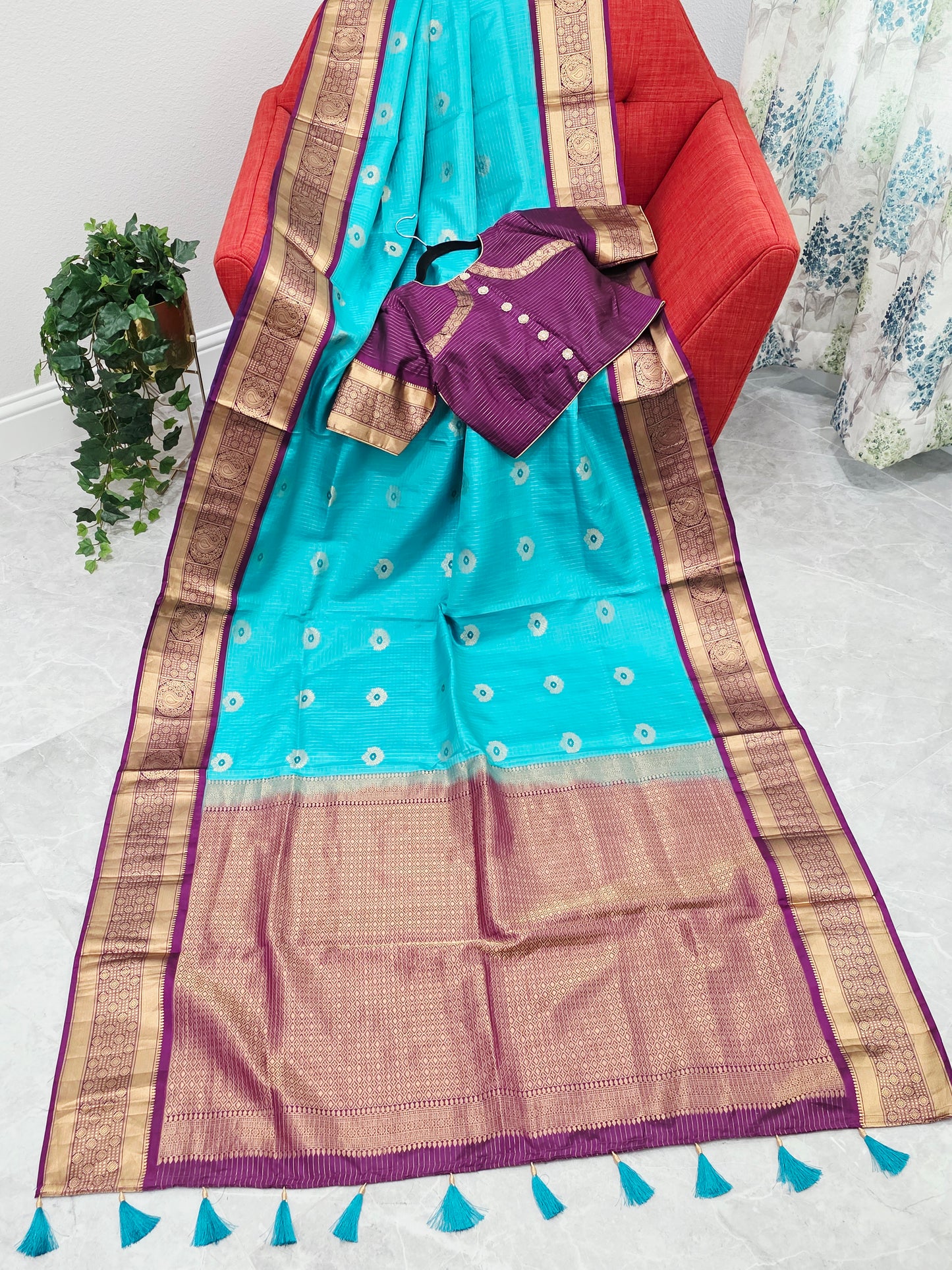 Pure Kanchi Soft Silk Turquoise Blue Saree with Purple Zari Border & Stitched Blouse