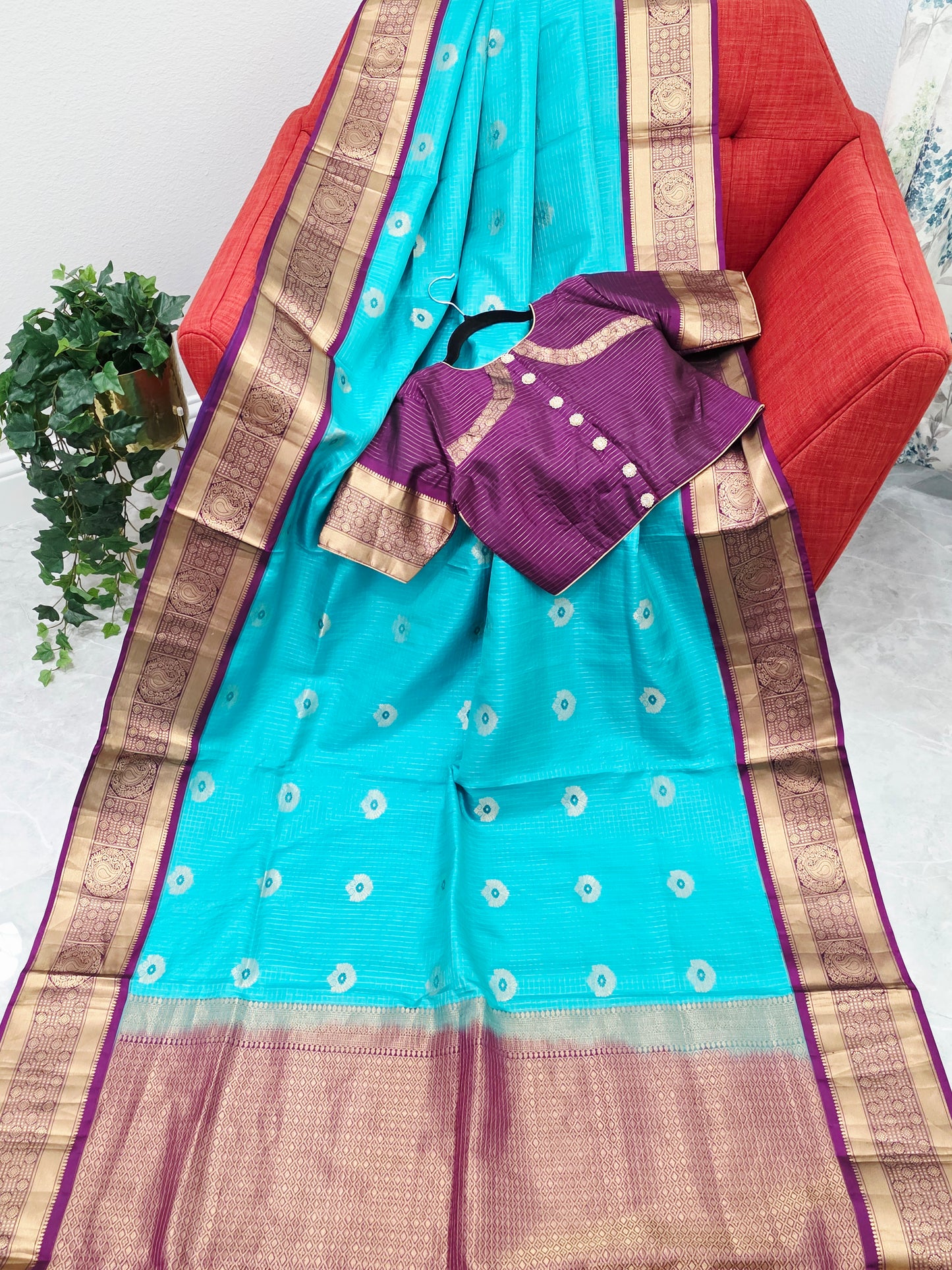 Pure Kanchi Soft Silk Turquoise Blue Saree with Purple Zari Border & Stitched Blouse