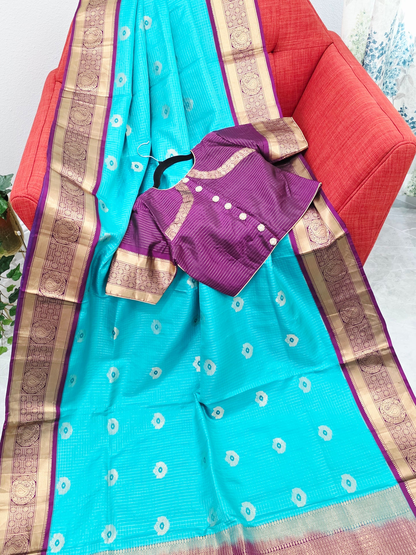 Pure Kanchi Soft Silk Turquoise Blue Saree with Purple Zari Border & Stitched Blouse