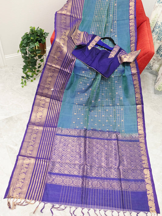 Mangalagiri Pattu Checks Teal Blue Saree with Purple Zari Border & Stitched Blouse