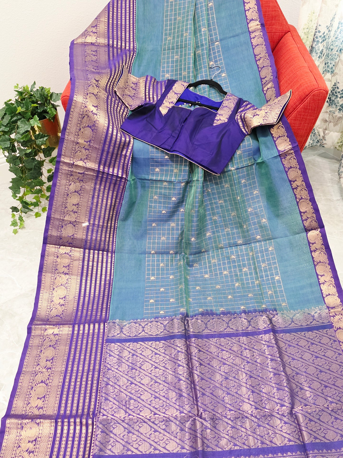 Mangalagiri Pattu Checks Teal Blue Saree with Purple Zari Border & Stitched Blouse