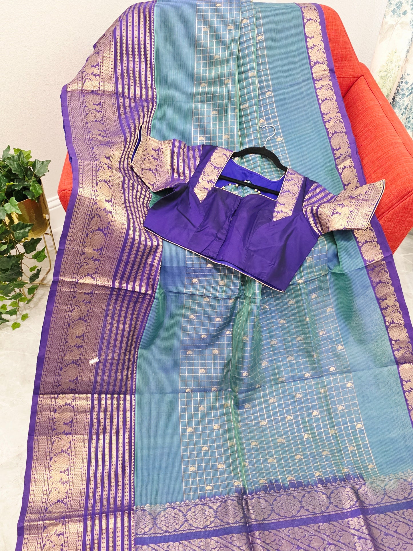 Mangalagiri Pattu Checks Teal Blue Saree with Purple Zari Border & Stitched Blouse