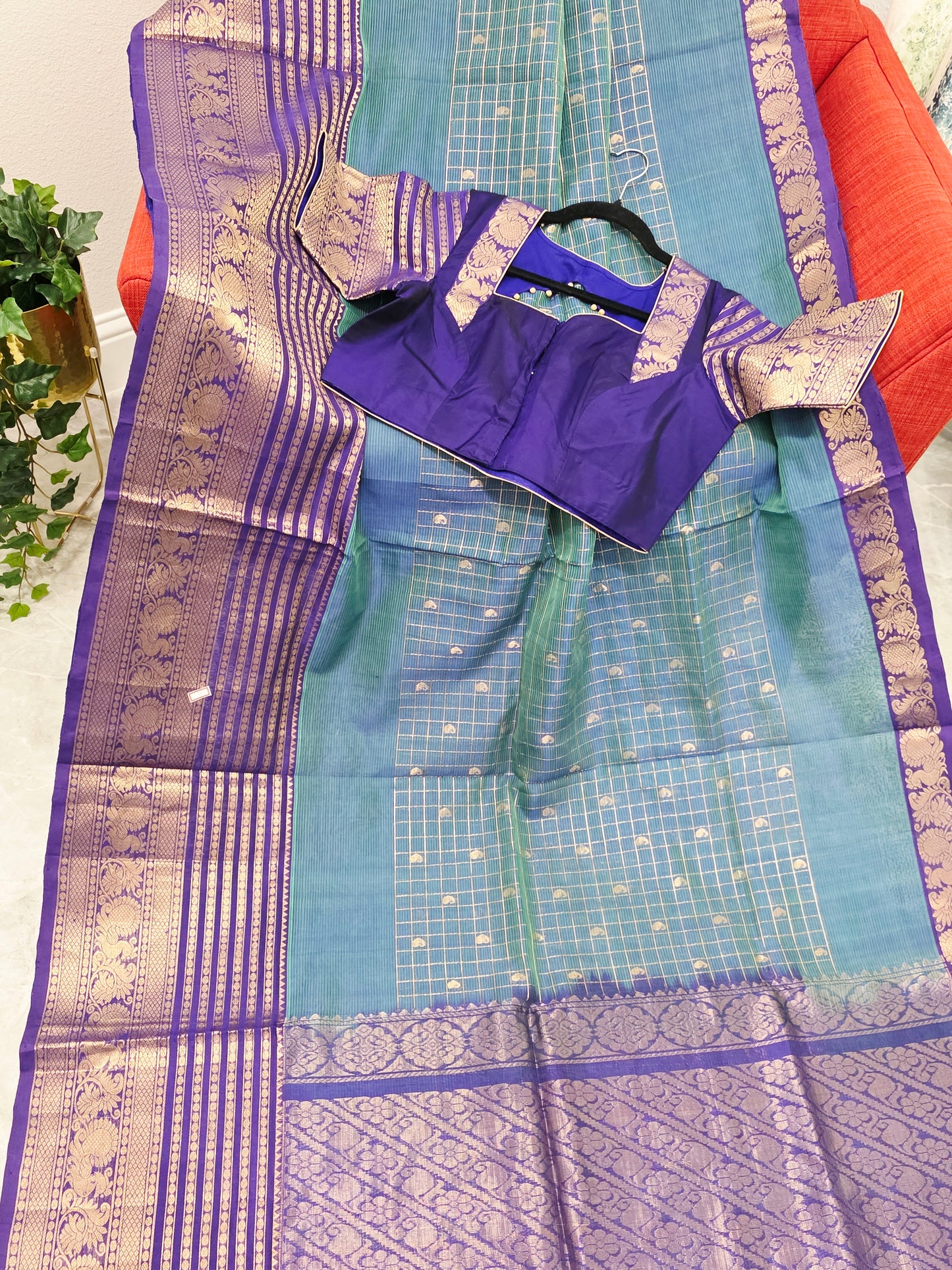 Mangalagiri Pattu Checks Teal Blue Saree with Purple Zari Border & Stitched Blouse