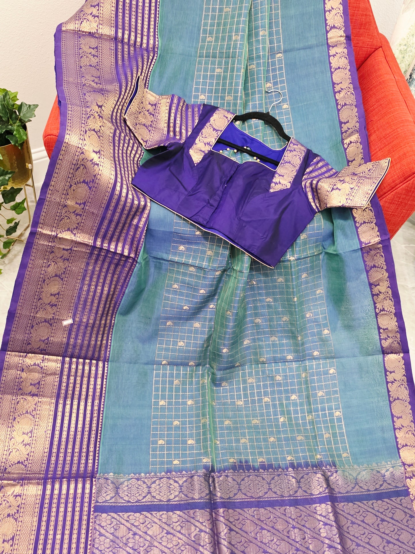 Mangalagiri Pattu Checks Teal Blue Saree with Purple Zari Border & Stitched Blouse