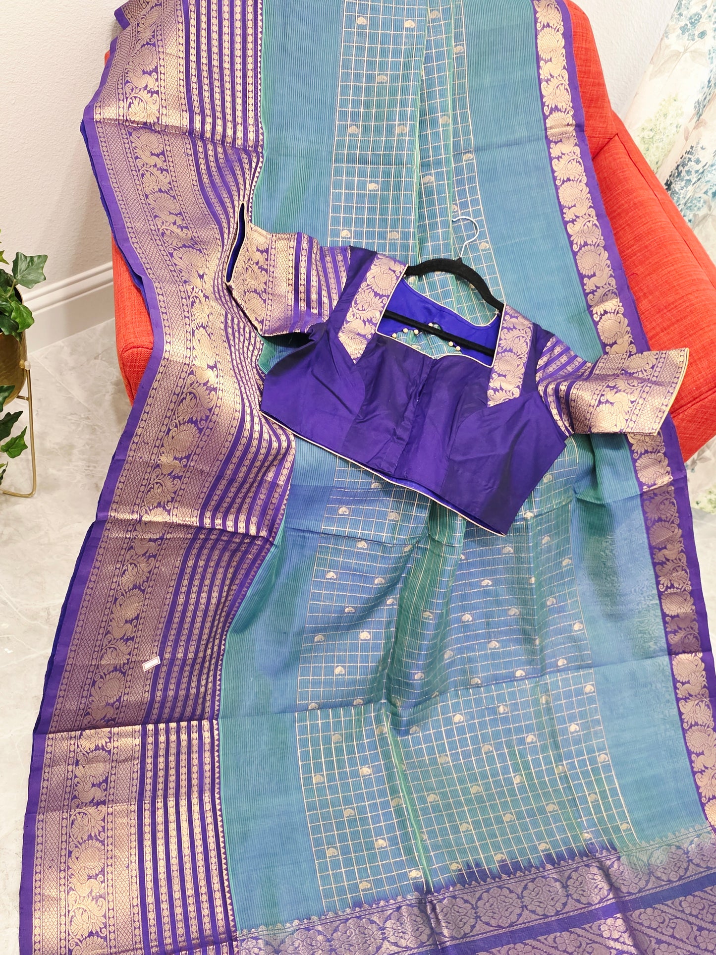 Mangalagiri Pattu Checks Teal Blue Saree with Purple Zari Border & Stitched Blouse