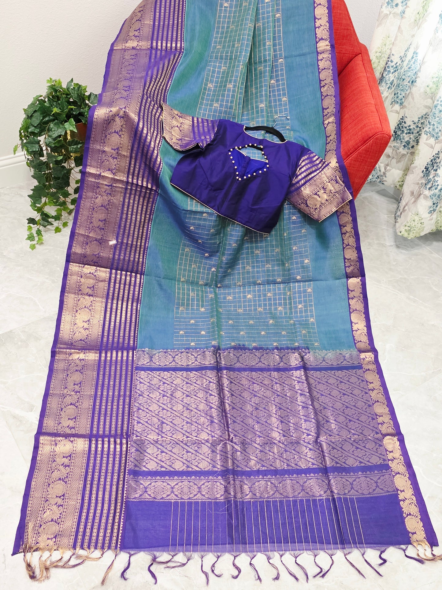 Mangalagiri Pattu Checks Teal Blue Saree with Purple Zari Border & Stitched Blouse