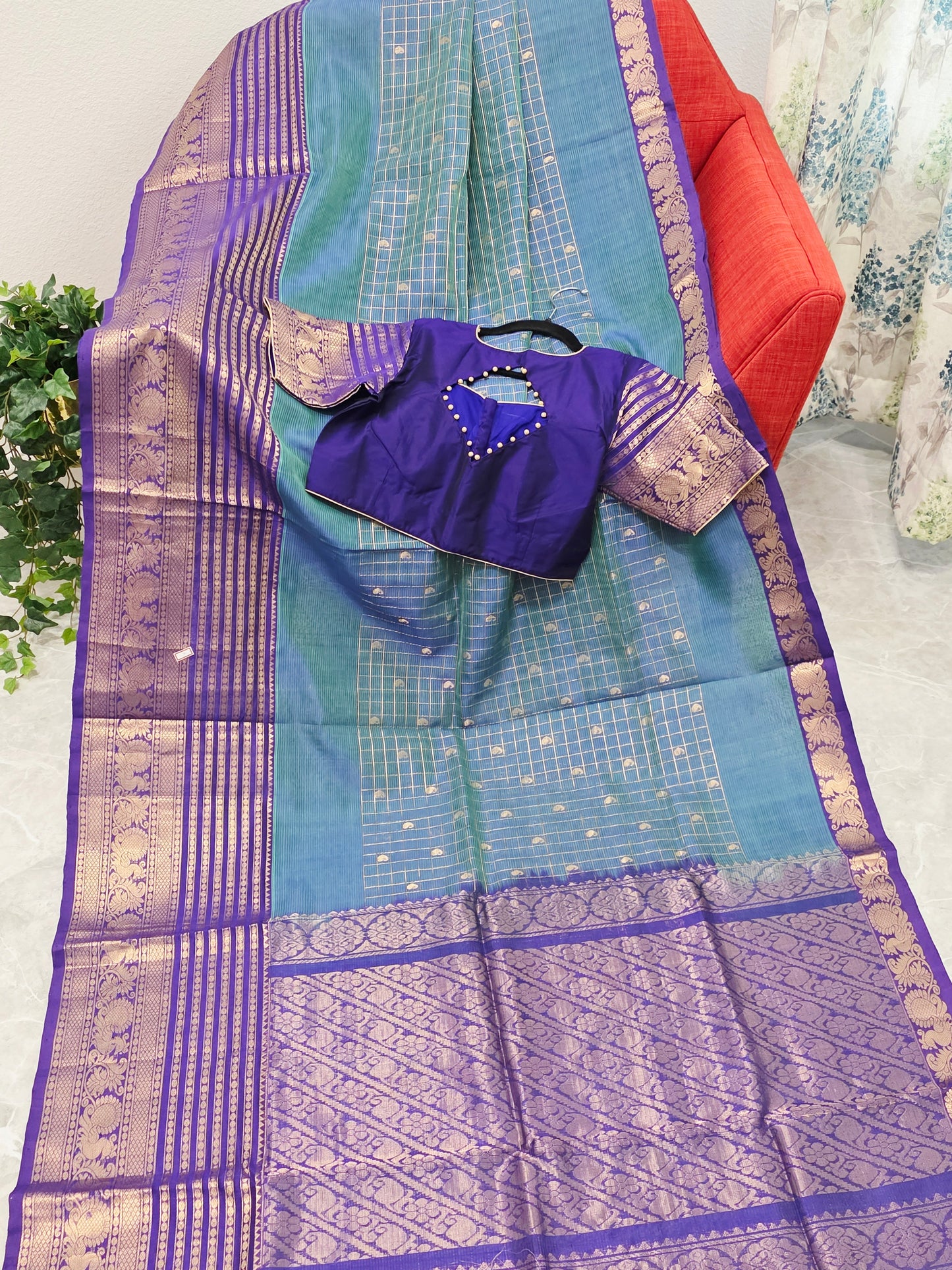 Mangalagiri Pattu Checks Teal Blue Saree with Purple Zari Border & Stitched Blouse