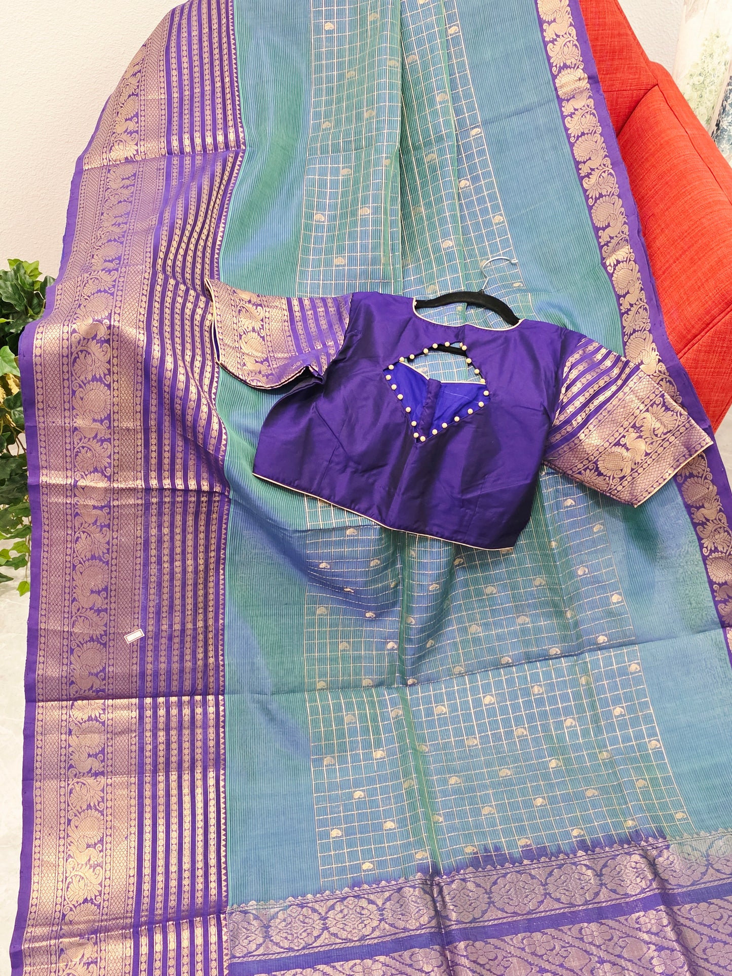 Mangalagiri Pattu Checks Teal Blue Saree with Purple Zari Border & Stitched Blouse