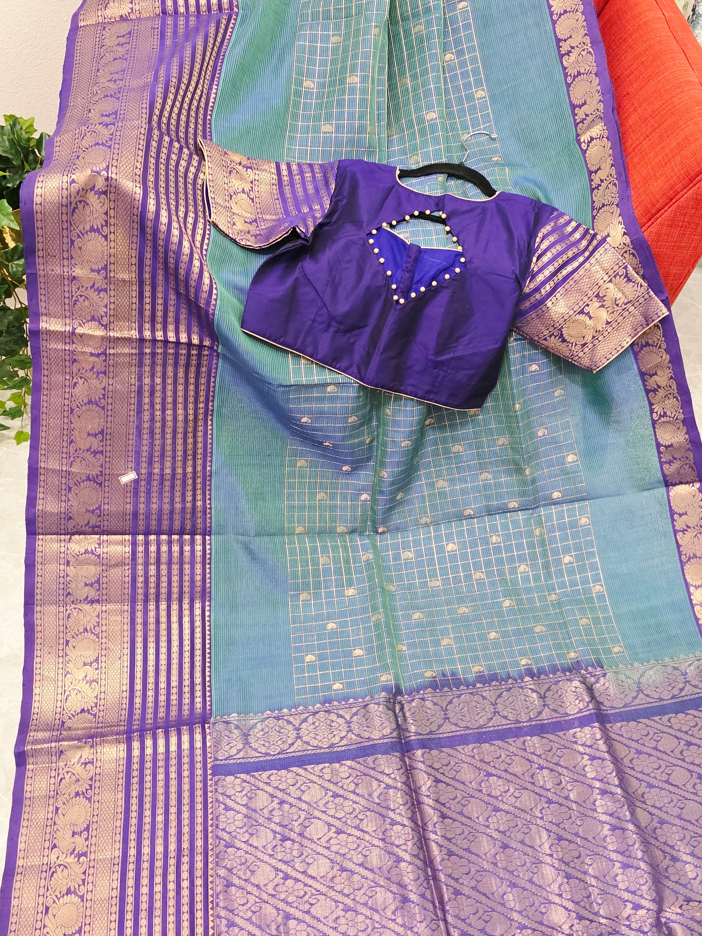 Mangalagiri Pattu Checks Teal Blue Saree with Purple Zari Border & Stitched Blouse