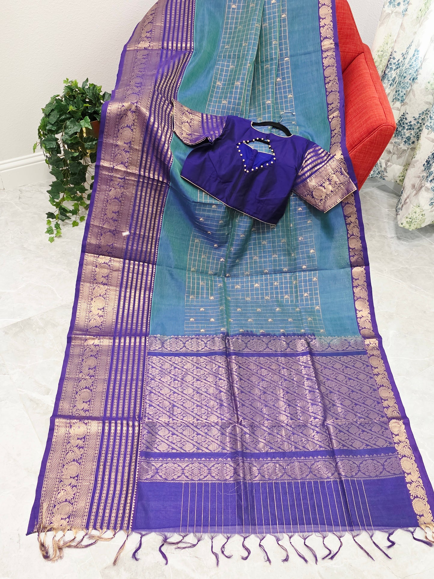 Mangalagiri Pattu Checks Teal Blue Saree with Purple Zari Border & Stitched Blouse