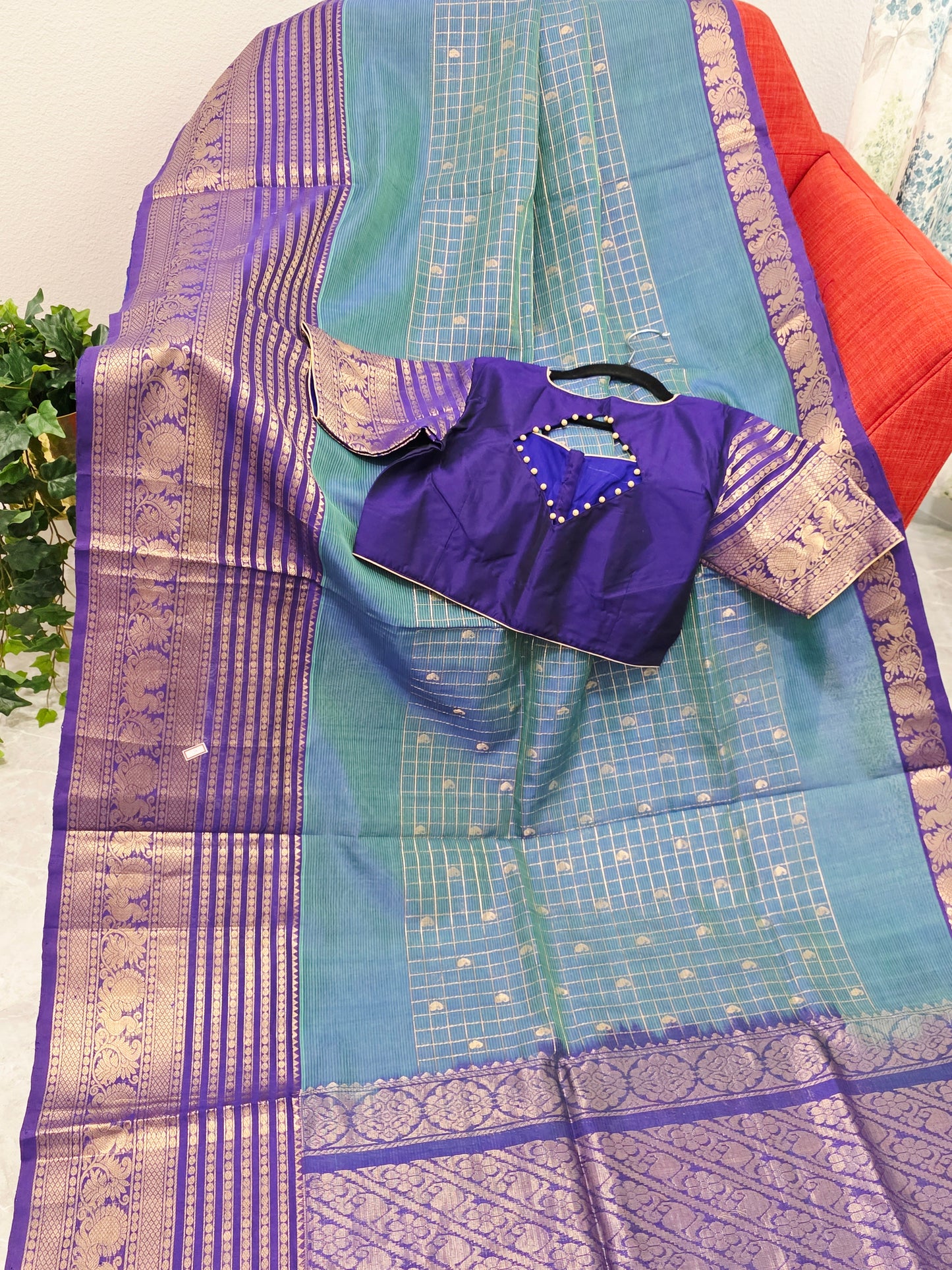 Mangalagiri Pattu Checks Teal Blue Saree with Purple Zari Border & Stitched Blouse