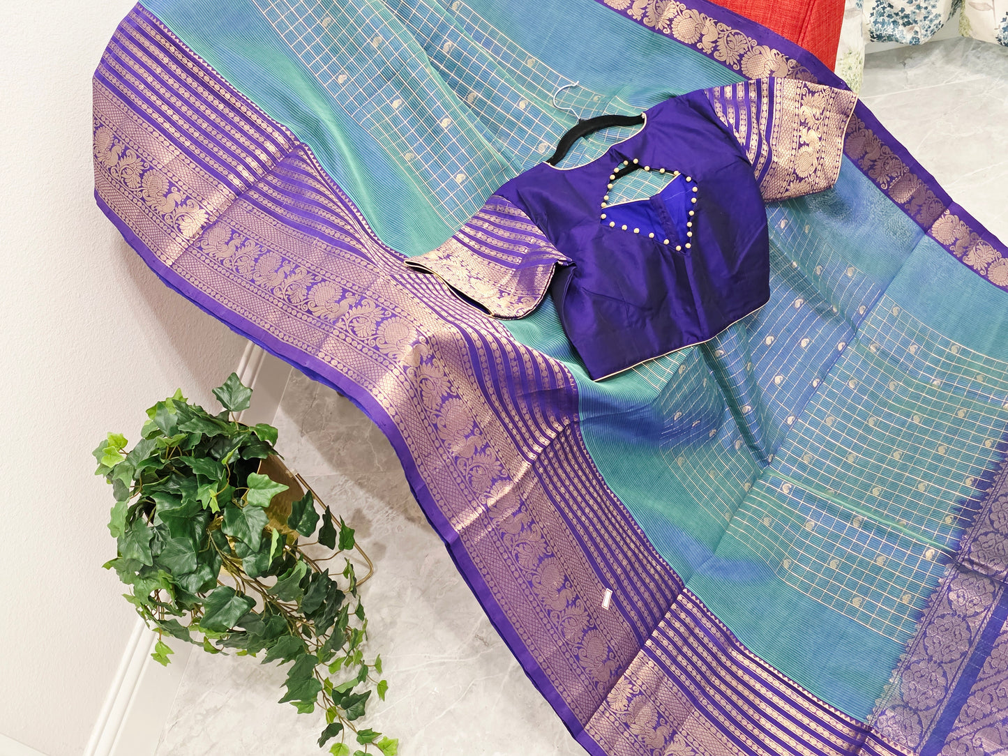 Mangalagiri Pattu Checks Teal Blue Saree with Purple Zari Border & Stitched Blouse