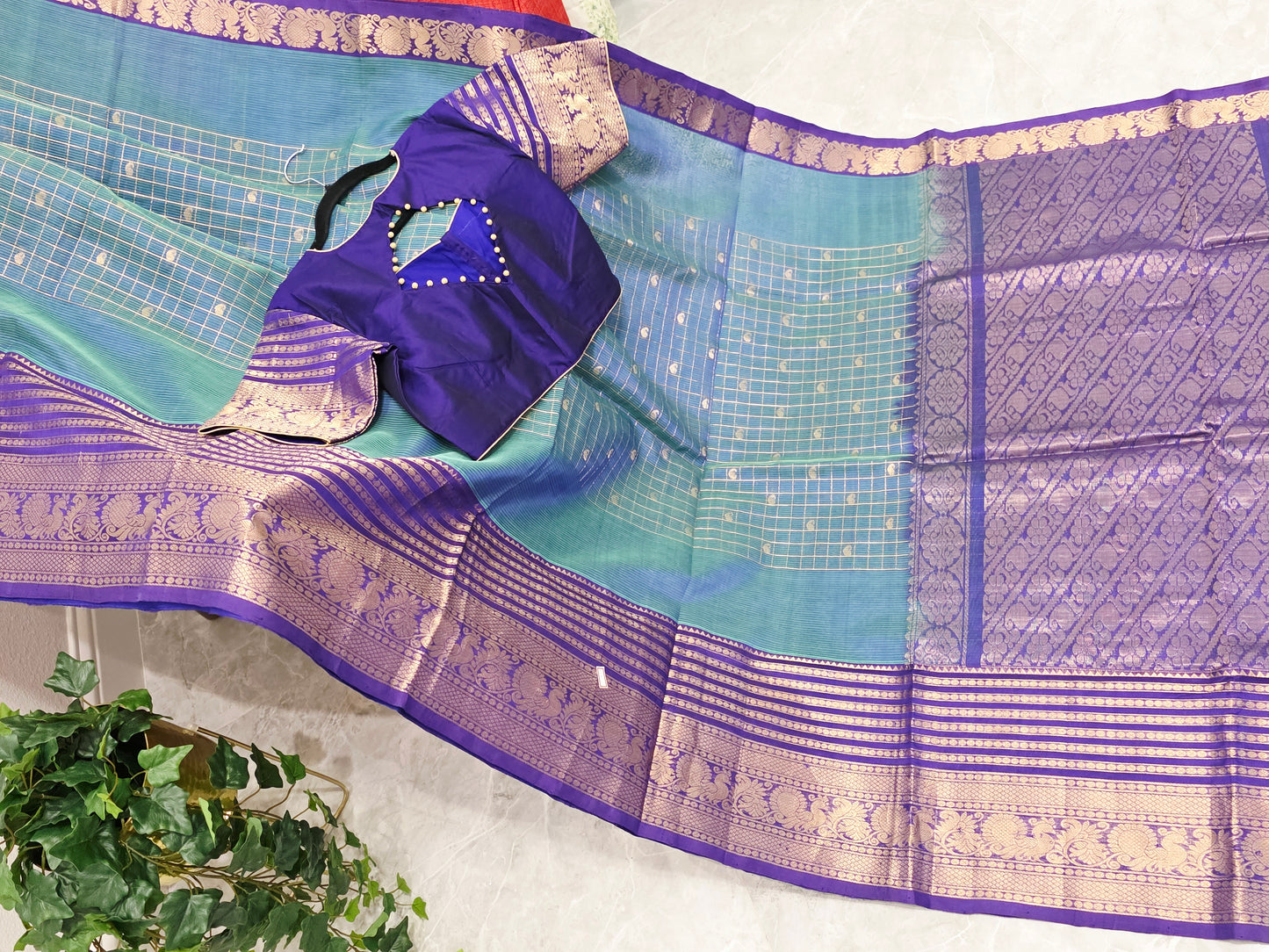 Mangalagiri Pattu Checks Teal Blue Saree with Purple Zari Border & Stitched Blouse