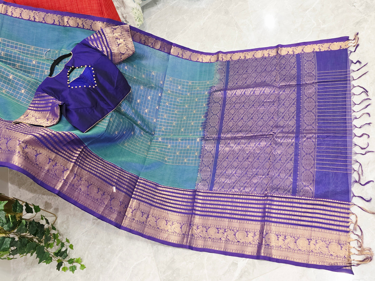 Mangalagiri Pattu Checks Teal Blue Saree with Purple Zari Border & Stitched Blouse